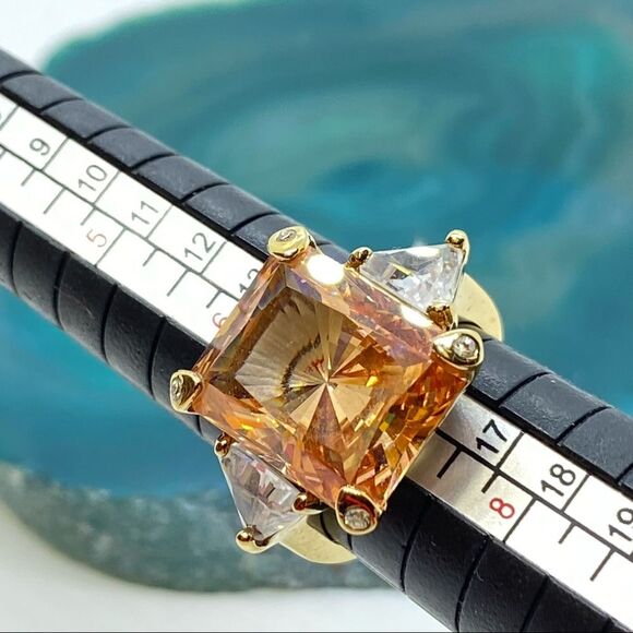Large Emerald-cut Quartz Gold Filled Ring, 2 White Zircon Trillion Baguettes, 7 - Picture 6 of 6